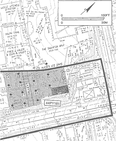 A segment of construction plans for the Main Street Bridge improvement shows the results of archaeological survey. The thick dark line defines the limits of construction impacts that were expected for the bridge improvement. The grid of circles in the shaded area represents systematic shovel testing in an area with high probability for finding archaeological sites. It is relatively level and has no sign of recent disturbance from modern construction. Indeed, most of the shovel tests are darkened, indicating they were positive (contained artifacts). The archaeologists designated this cluster of positive tests Site 44PY181 and recommended it as potentially significant. Later, more intensive testing confirmed it significant enough to be eligible for listing on the National Register of Historic Places. Since it was impractical for VDOT to avoid the site during construction, 44PY181 underwent the large-scale 'data recovery' excavations described on this website.  (from Wuellner et al. 1993:Fig. 14)