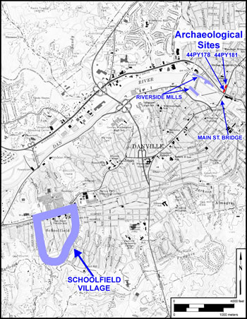 The Front Street sites (44PY178 and 44PY181) are just north of the Main Street Bridge crossing of the Dan River. The millworkers' houses on these lots were built during the 1890s. Riverside Cotton Mills had erected the first of its complex of mill buildings by 1883. Beginning in 1903, the company expanded its operations outside city and created a formal company-owned village called Schoolfield for some of its workers.