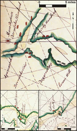 Portion of a chart of the James River by Dutch cartographer Johannes Vingboons. The engraving dates to 1639 but probably was drafted based on information collected in 1617. 'Bermotho Citie' is represented by three house symbols on the City Point peninsula. (from 'Caarte vande riuier POWHATAN...,' Kaarten en Tekeningen, Algemeen Rijksarchief, The Hague)