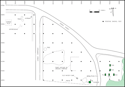 During the 2002 fieldwork, shovel tests (represented by black dots) on this city-owned property had yielded hints of an early colonial presence. To further explore this possibility, we excavated Test Unit 1 in the southeast corner of the middle lot. 
