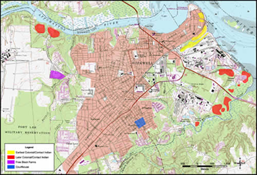 Map of Hopewell with areas for survey highlighted (yellow - earliest colonial/contact Indian; red - later colonial/contact Indian; purple - free black farms; blue - old Prince George County courthouse).