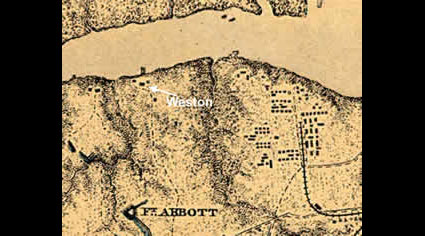 The earlest visual information about Weston Manor comes from a map drawn in the late stages of the Civil War (published 1867). Union cartographer Nathaniel Michler showed a vast area between Jordan's Point and Chesterfield Courthouse, but included such detail that we can distinguish five buildings at Weston. The arrow points to the mansion, flanked on either side by outbuildings. Two structures sit further back from the river, one along the right side of the farm road (dashed line) and another smaller structure southwest of the house. At this time and probably earlier, Weston also included a large pier directly in front of the house. Signs of war surround the plantation, with Fort Abbott to the south and the sprawling Union army hospital complex to the east. (Map from Library of Congress)