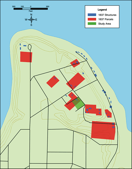 Map features are based on an 1837 survey for the City Point Railroad. The surveyor may have skewed the orientation of several interior parcels which appear out of alignment with the street grid. Areas along the waterfront, where the railroad was to be built, seem more accurately drawn.