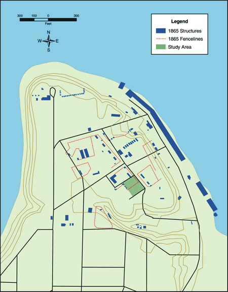 Note the small structures along the upper southwest edge of the study area. This is where a large structural feature was found in one of the test trenches.