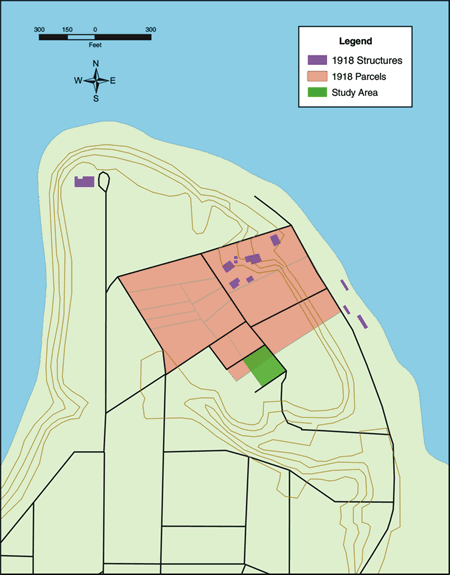 Map of City Point's current street layout with locations of parcels and structures shown on a 1918 map.