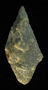 Spear point made of quartzite (2.5 inches long). This type was made 3000-4000 years ago.