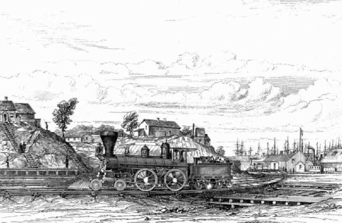 Train near the City Point waterfront in 1864. This illustration is from a travel book by an Englishman who visited the Civil War battle front (from Transatlantic Sketches, or Sixty Days in America [London, 1865]; in the collection of the Virginia Historical Society).
