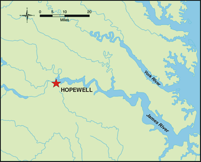Map of southeastern Virginia showing location of Hopewell.