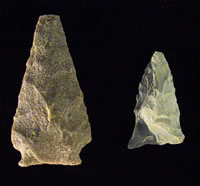 The Middle Woodland (AD 500-900) spear point on the left came from the fort site, and the Late Woodland (AD 1000-1600) point from the Pierce Street site.