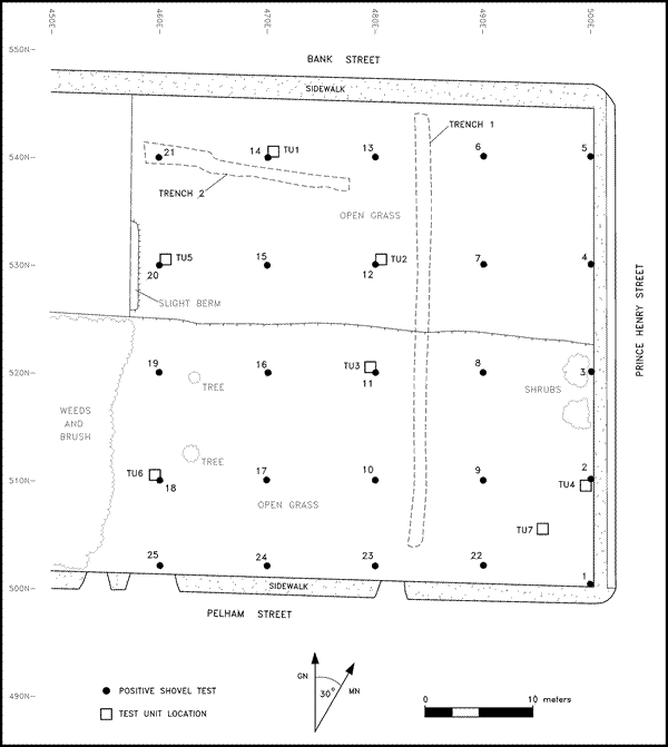 Plan of archaeological excavations at 500 Prince Henry Street. Note grid coordinate information on the left and upper edges of drawing.