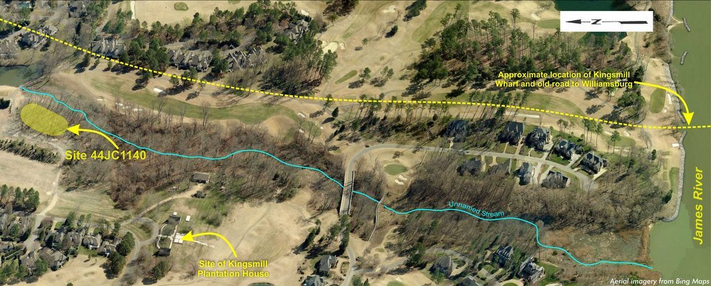 Aerial photograph with labels over approximate location of Kingsmill Wharf, old road to Williamsburg, Site 44JC1140, and site of Kingsmill Plantation House.