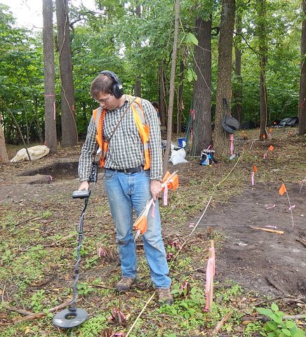During the metal detector survey, the archaeologists proceeded along a series of  parallel lines in order to achieve an even sample across the site.