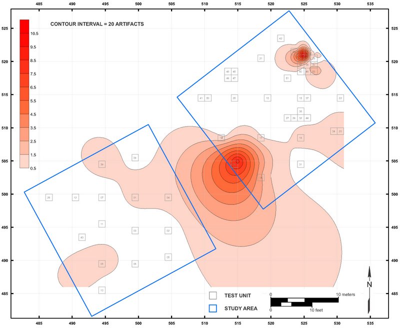 Combining the results of the test units and the metal detector sample, the archaeologists were able to produce an artifact density map of Site 44JC1140 that identified the areas of most intensive military use (marked by darker shading on the site map above).