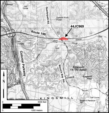 Topographic setting of Site 44JC969. The slave quarter component of the site was located on the north side of Route 199 and east of the ravine that skirts the east side of Quarterpath Road.