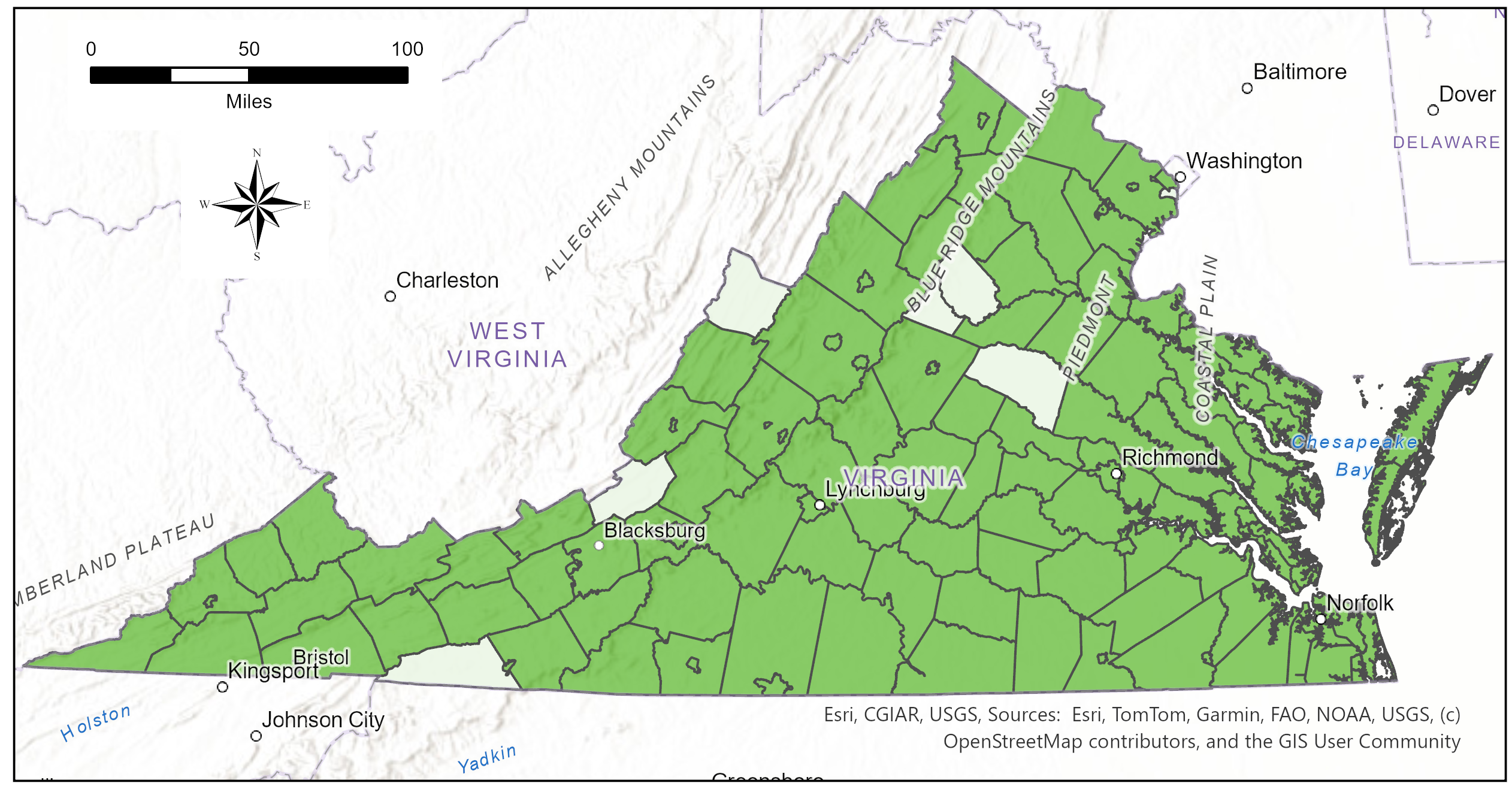 A map of Virginia, with most of the land, except six counties and one city, shaded in green, illustrating the many localities in which the Center has completed sponsored research or contracts.