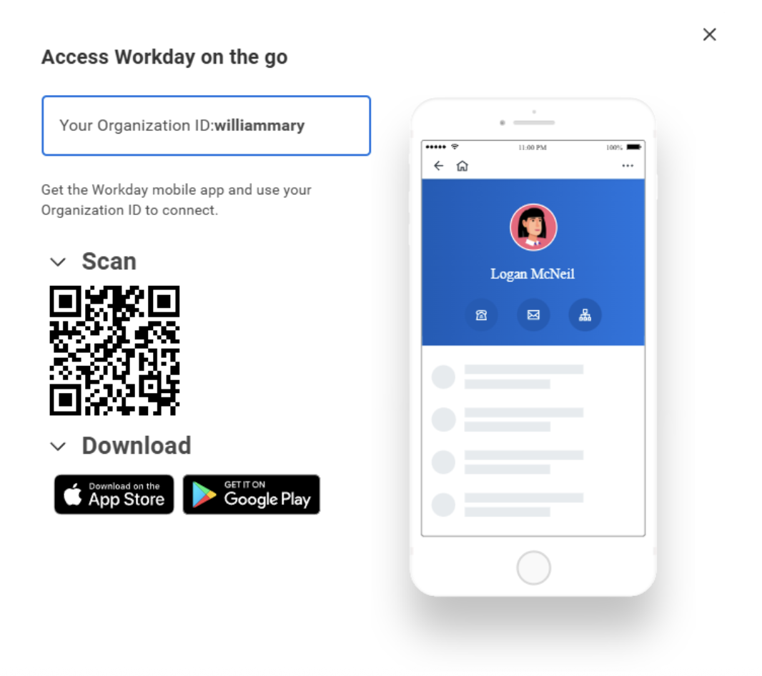 Graphic of a smart phone and a QR code to download the Workday Mobile app. Organization ID: williammary