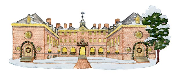 Watercolor illustration of the Wren Building decorated with holly and a blanket of snow