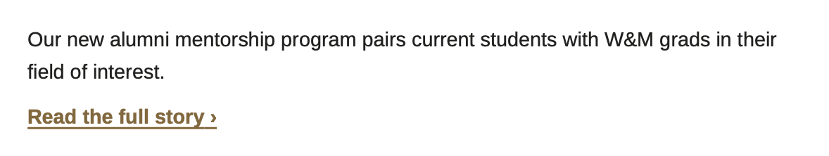 Example of a CTA text link using Dark Gold font with an underline and a chevron on a White background