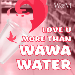 A water cup and the text Love u more than WAWA water written over a pink overlayed photo inside a WAWA convenience store